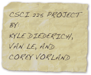 CSCI 225 PROJECT
BY: 
KYLE DIEDERICH, VAN LE, AND COREY VORLAND