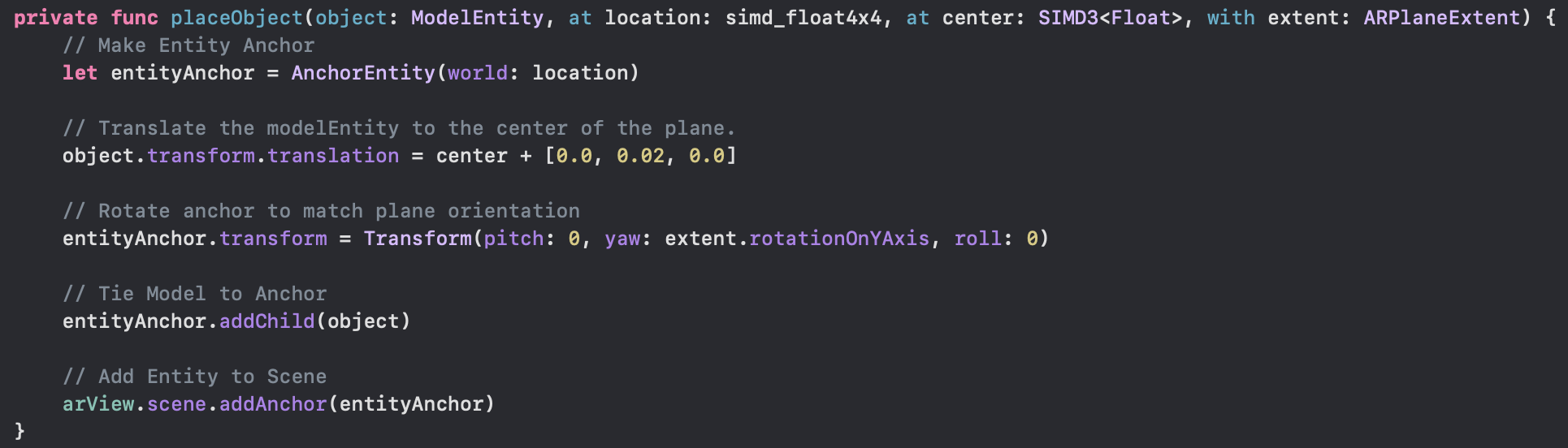 Screenshot of my code that shows how the object is being transformed before assigning the model to the anchor